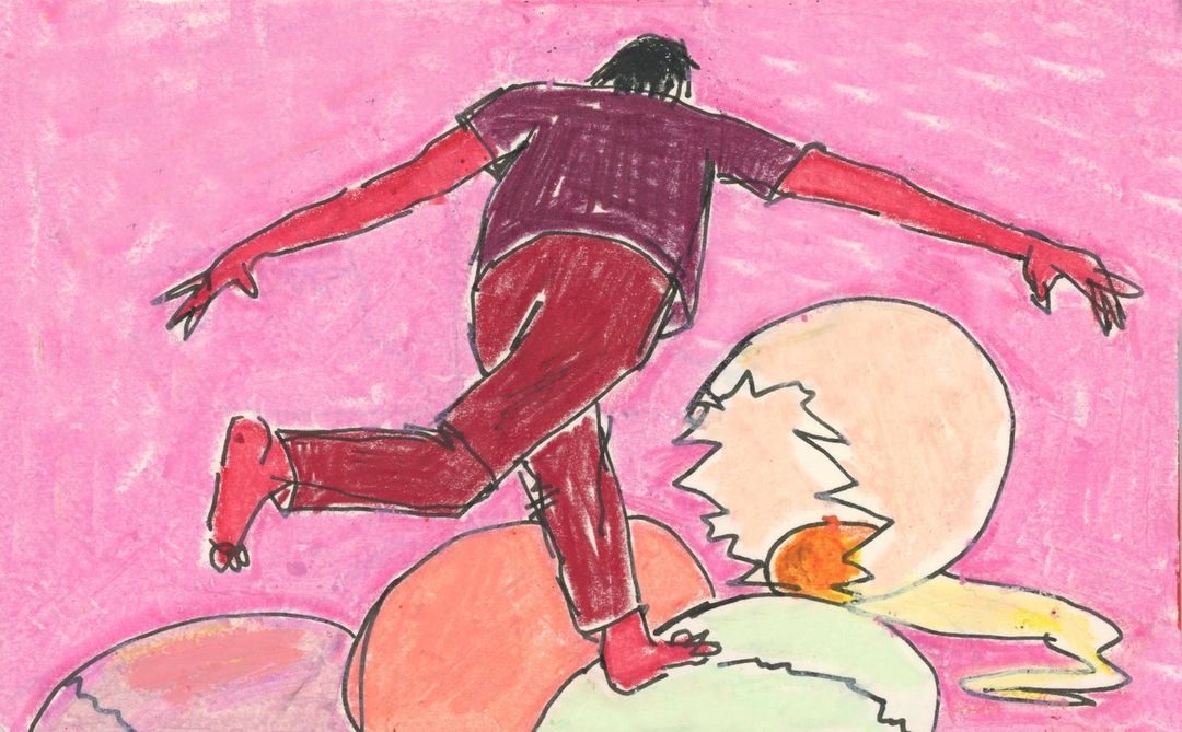 Illustration of a person walking on cracked eggs in red and purple against a pink background, showcasing artful rendering and subject.