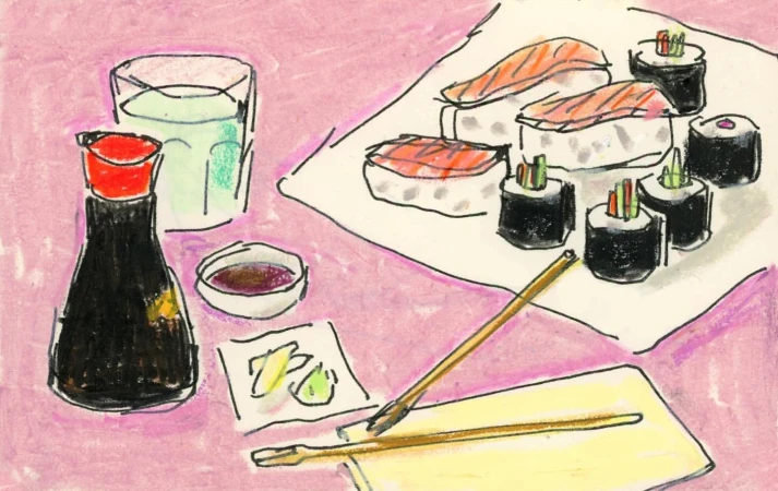 Illustration of a sushi meal featuring nigiri, maki rolls, soy sauce, ginger, and a beverage, rendered in a pastel drawing style.