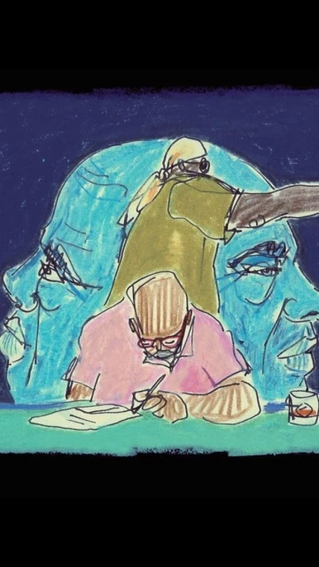 Illustration of people in a pastel color palette with visible brush strokes, showing a person writing at a desk in the foreground.