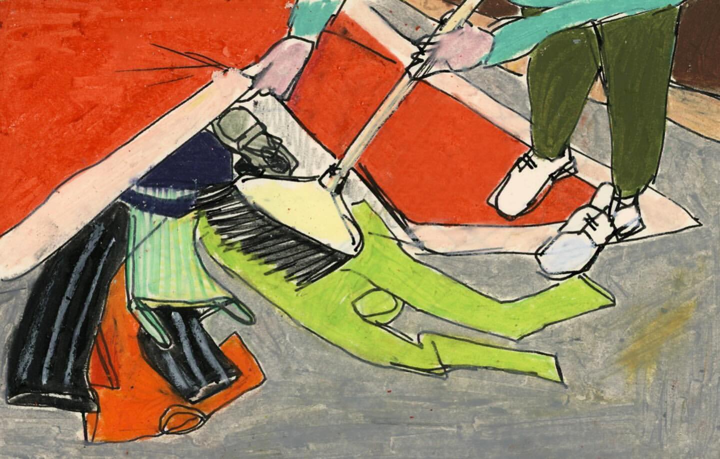 Abstract art illustration featuring two figures with a broom in an indoor setting, showcasing vibrant colors and bold lines.