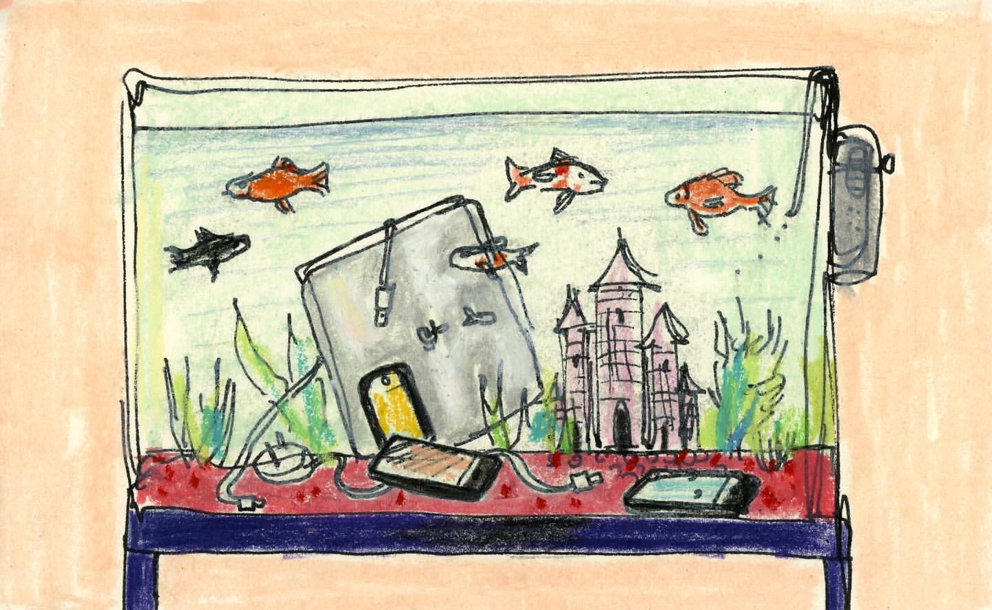 Illustration of a fish tank containing fish, aquatic plants, a toy castle, an open laptop, and several smartphones with chargers.