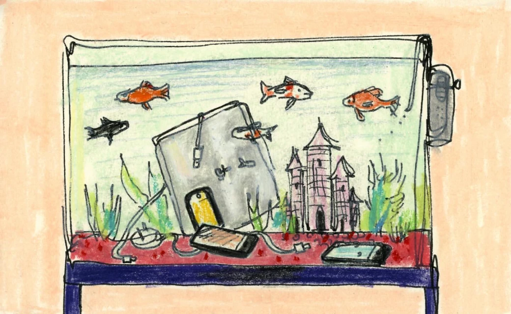 Illustration of a fish tank containing fish, aquatic plants, a toy castle, an open laptop, and several smartphones with chargers.