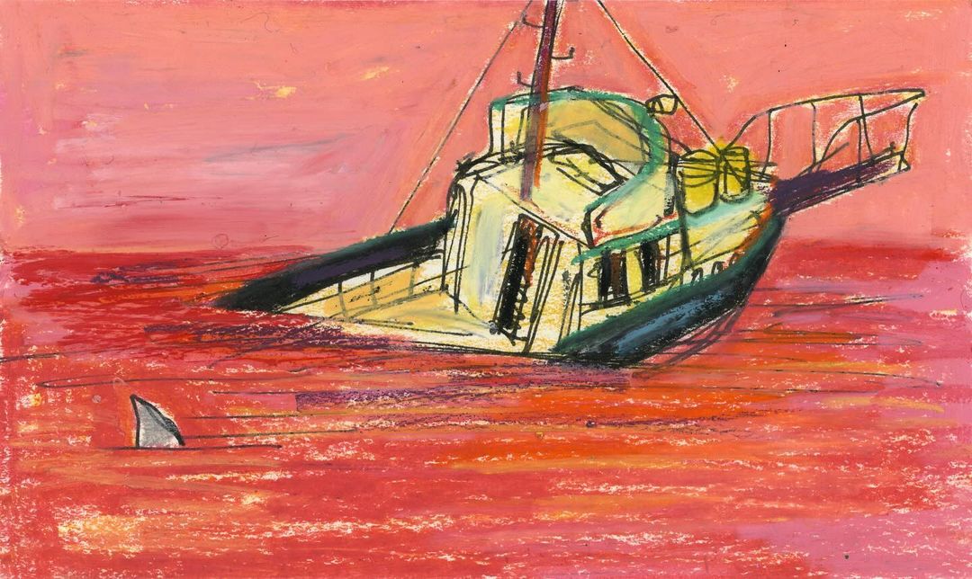 Illustration of a boat partially submerged in pink water with a shark fin visible, rendered with vibrant, textural pastel strokes.