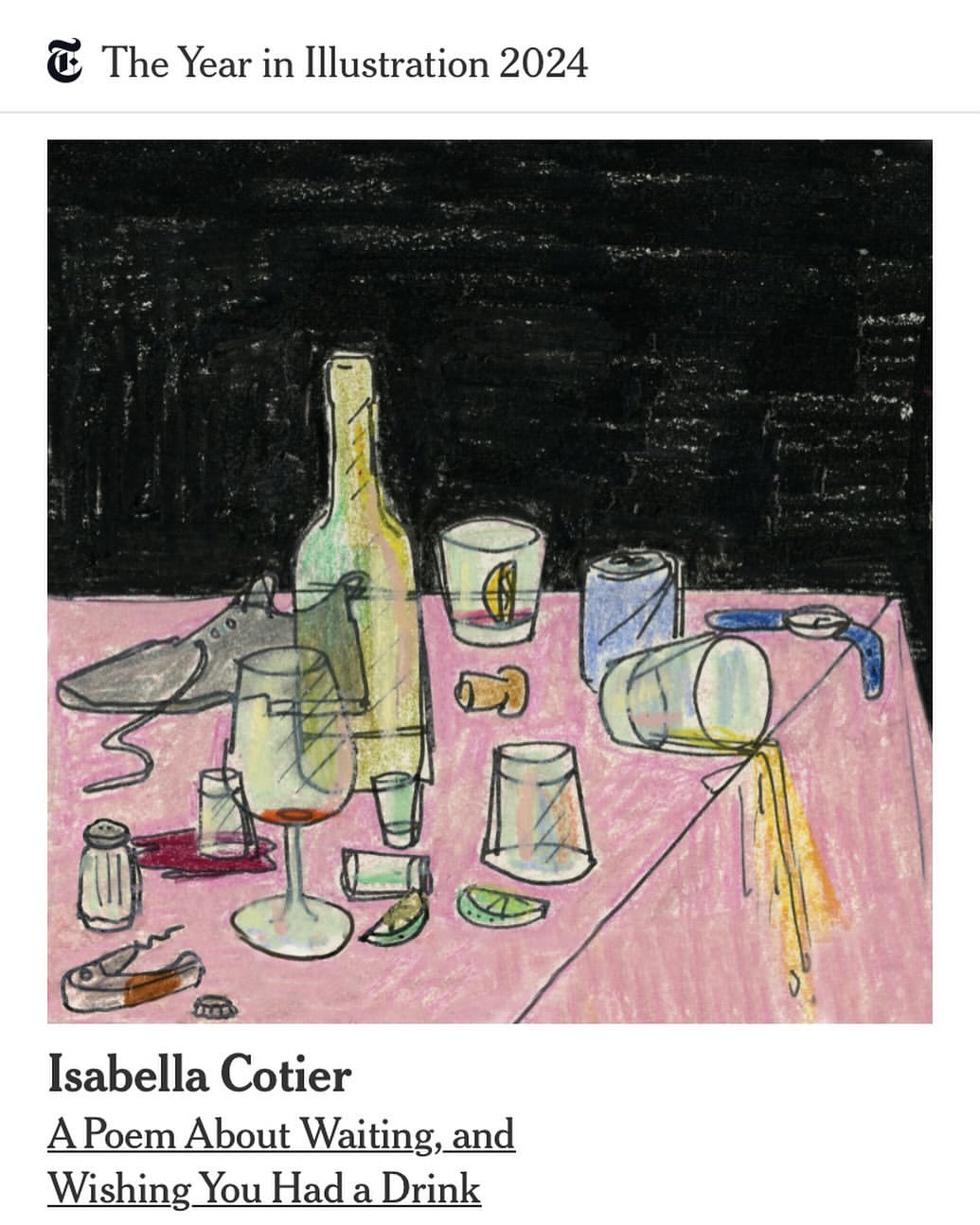 Illustration features a bottle, glasses, cork, and lime slices on a pink table against a dark background, reflecting a bar or dining scene.