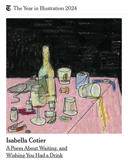 Illustration features a bottle, glasses, cork, and lime slices on a pink table against a dark background, reflecting a bar or dining scene.