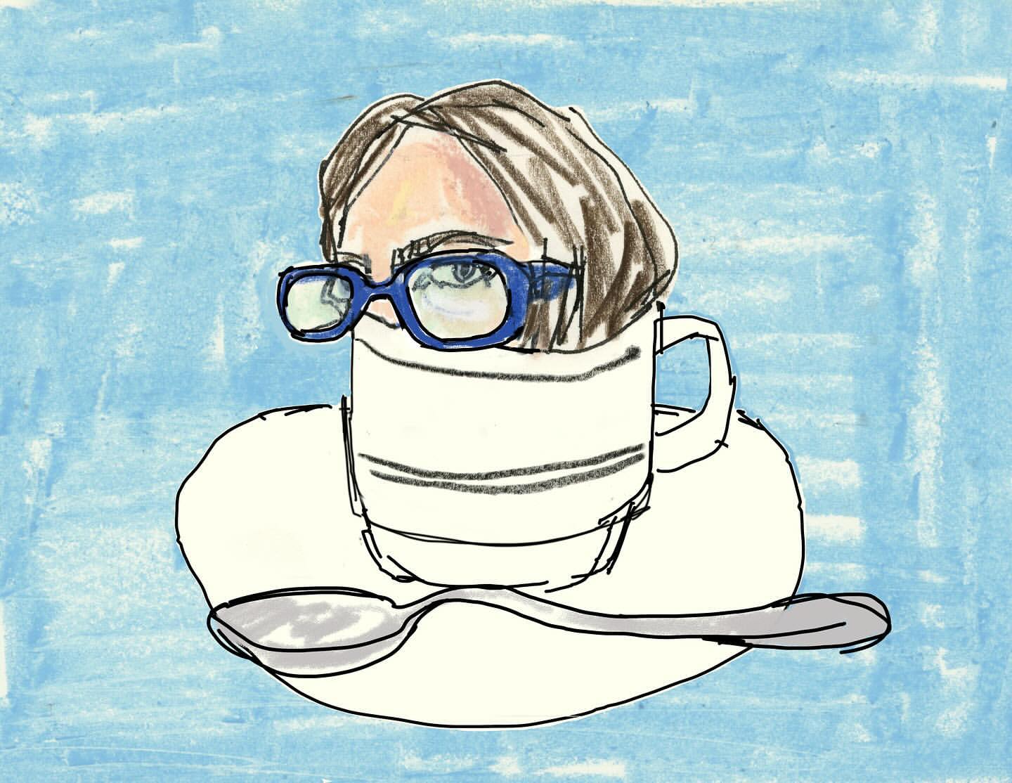 Whimsical drawing of a person obscured by a teacup, saucer, and spoon, with blue glasses on a blue mottled background.