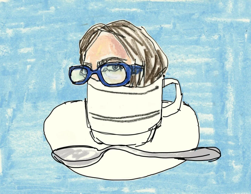 Whimsical drawing of a person obscured by a teacup, saucer, and spoon, with blue glasses on a blue mottled background.