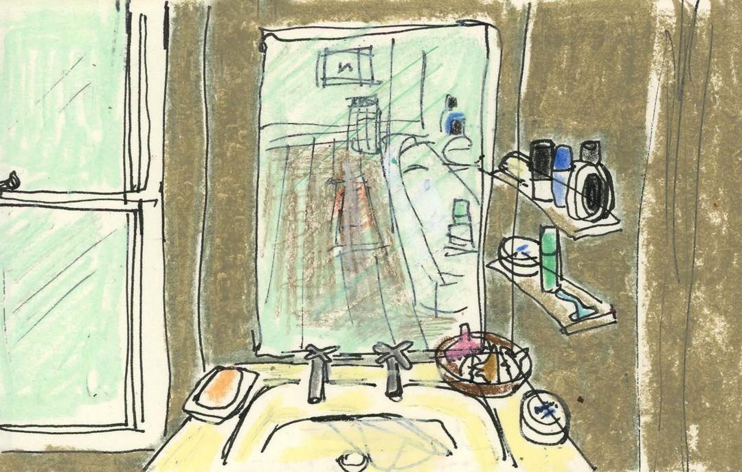 Interior sketch of a bathroom featuring a sink with toiletries, a mirror reflecting a window, and green and brown color palette.