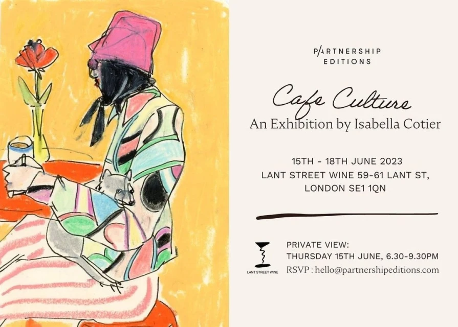 Art exhibition poster with a colorful sketch of a person sitting at a table with a drink and flower, and a raccoon on their lap.