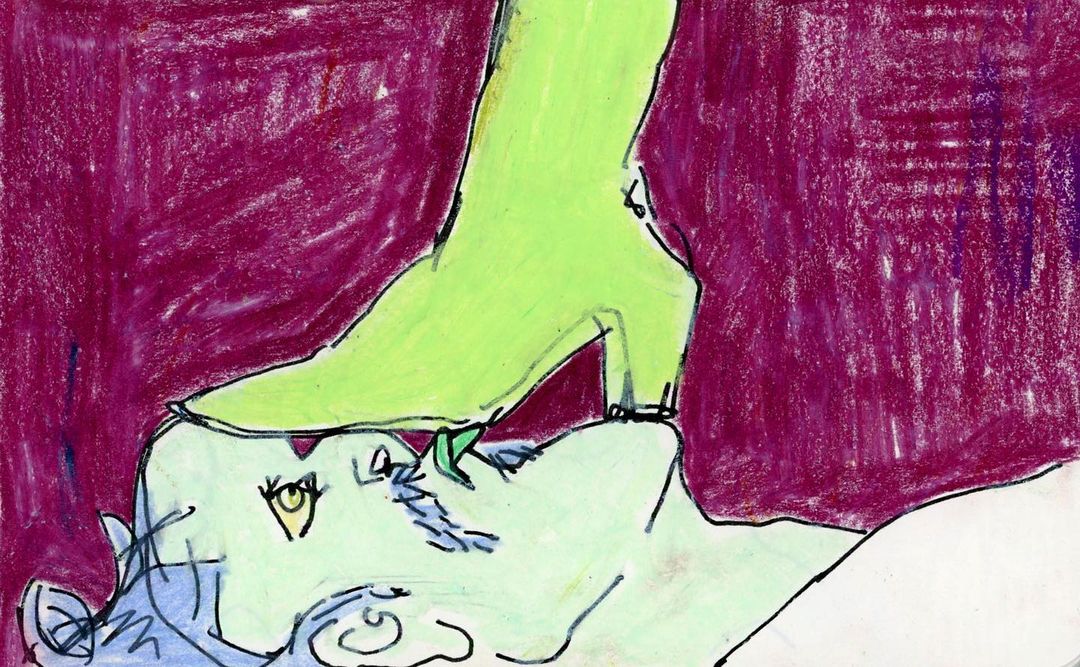 Artistic illustration of a green high heel shoe on a prone person with blue hair against a magenta background, created with visible crayon strokes.