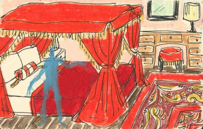 A stylized bedroom art features a red four-poster bed, a blue human figure, and a vanity with a stool in a warm-toned space.