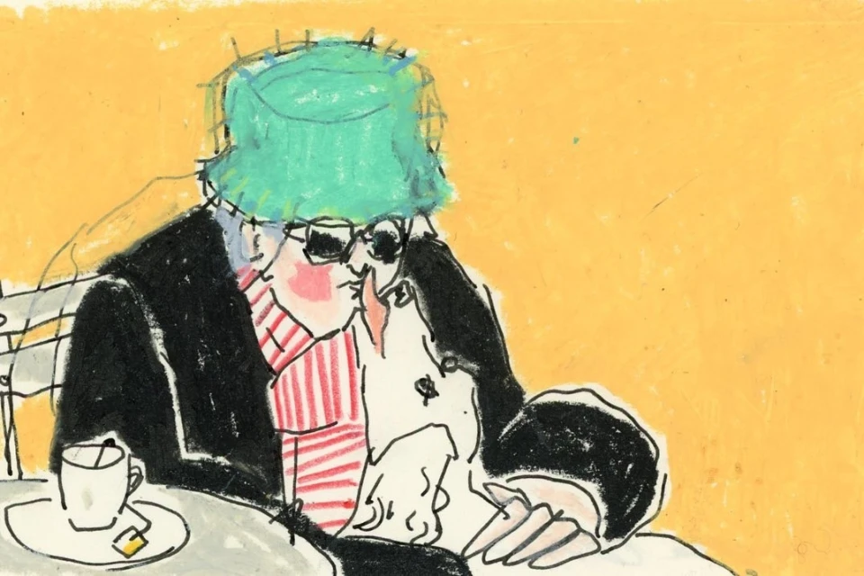 Illustration of two figures at an outdoor café; one wears a green hat and dark glasses, the other leans in closely near a white coffee cup.