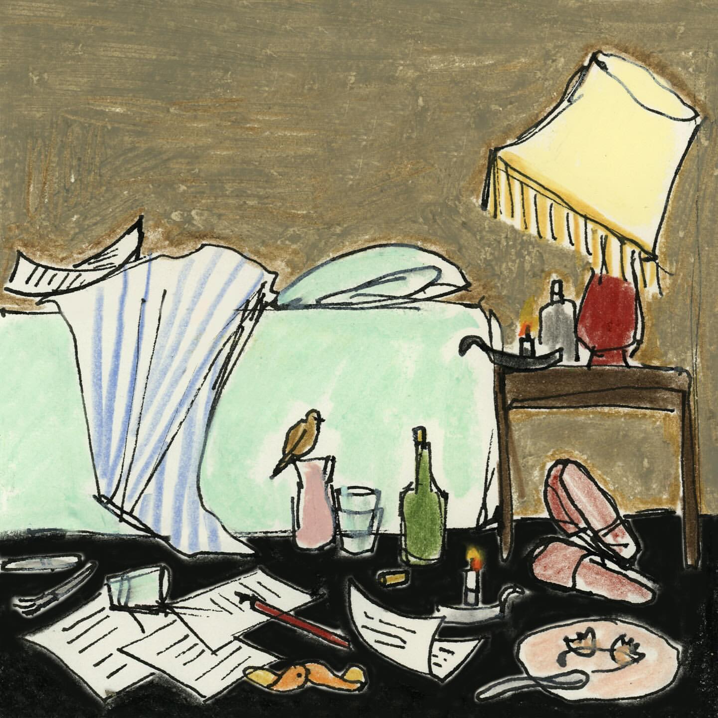 Illustration of a messy bedroom with a bed, lamp, table, and scattered papers on the floor, rendered in a colorful, painterly style.