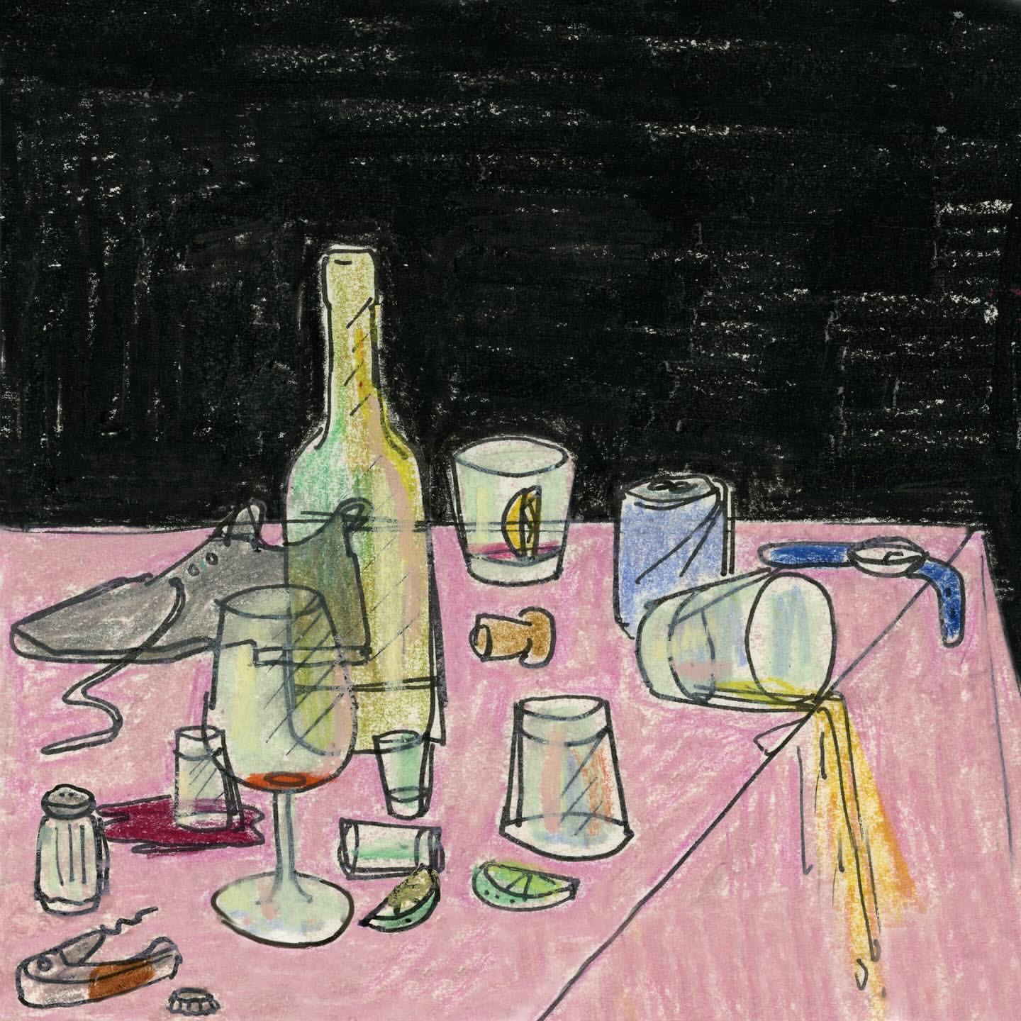Still life illustration of assorted drinking glasses, a bottle, can, shoe, corks, citrus slices, salt shaker, and a wine opener on a table.