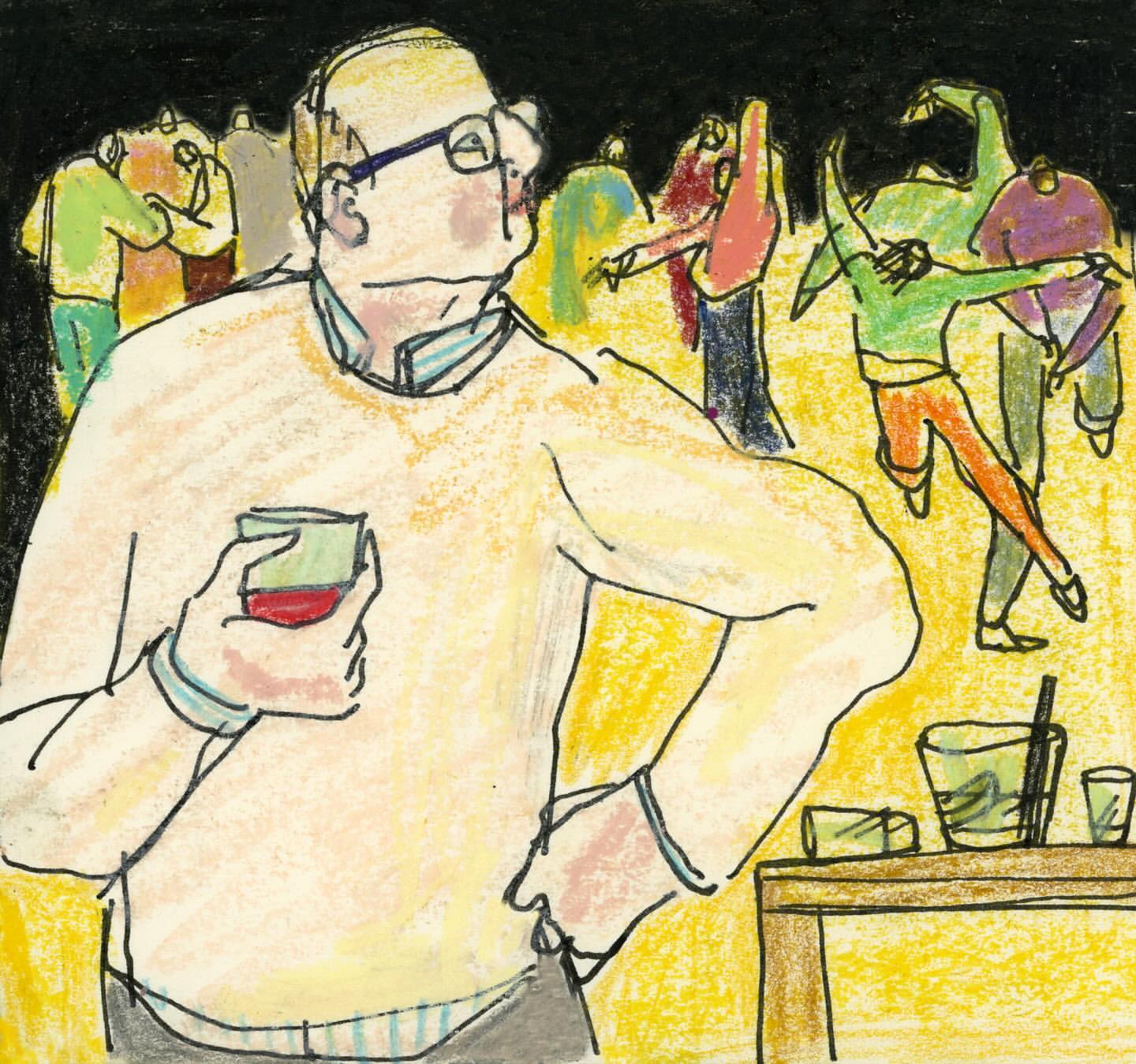 Impressionistic art illustration of a man holding a drink at a party with other people in the background.