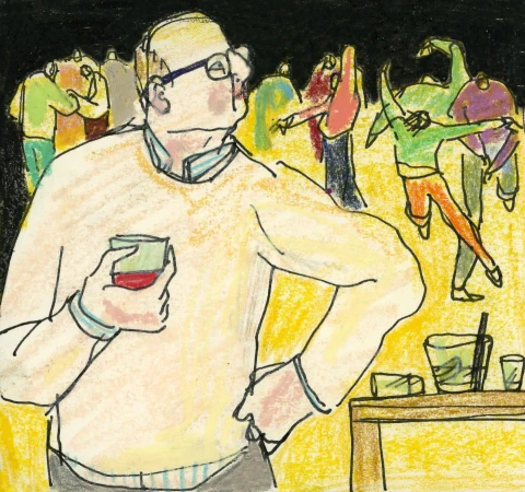 Impressionistic art illustration of a man holding a drink at a party with other people in the background.