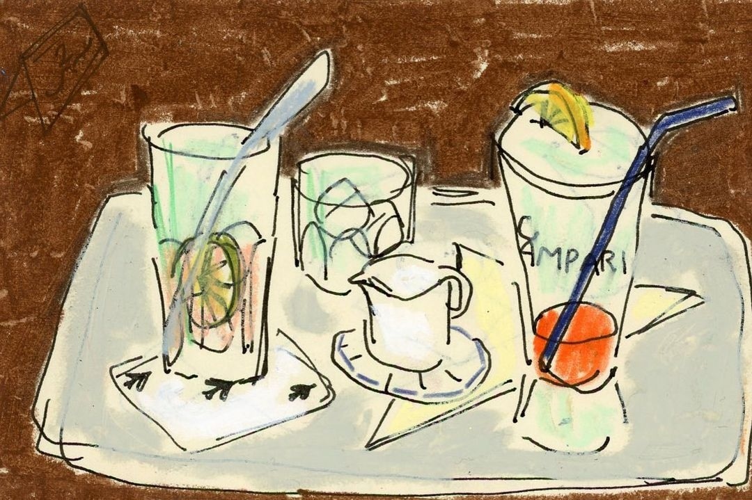 Illustration of drinks on a tray, featuring cocktail glasses with straws, ice, and fruit slices, alongside a small pitcher, drawn in a sketch style.