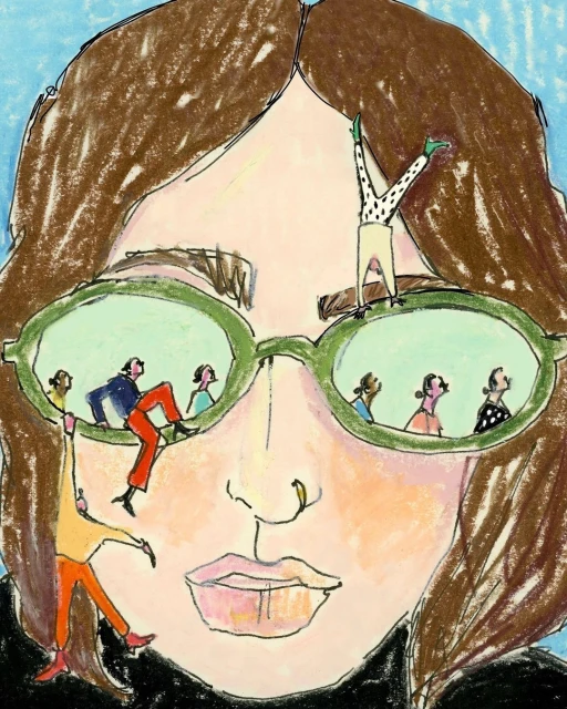 Surreal illustration featuring a woman's face with miniature people interacting on her oversized glasses, against a pastel background.