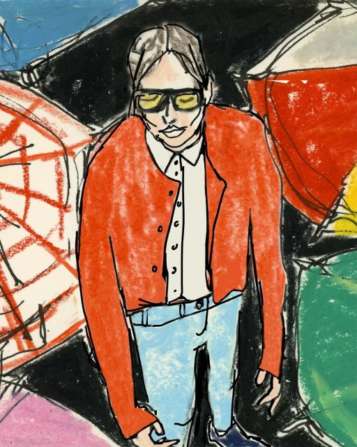 Illustration of an adult wearing an orange jacket, white shirt, blue pants, and yellow-tinted sunglasses, against a colorful background.