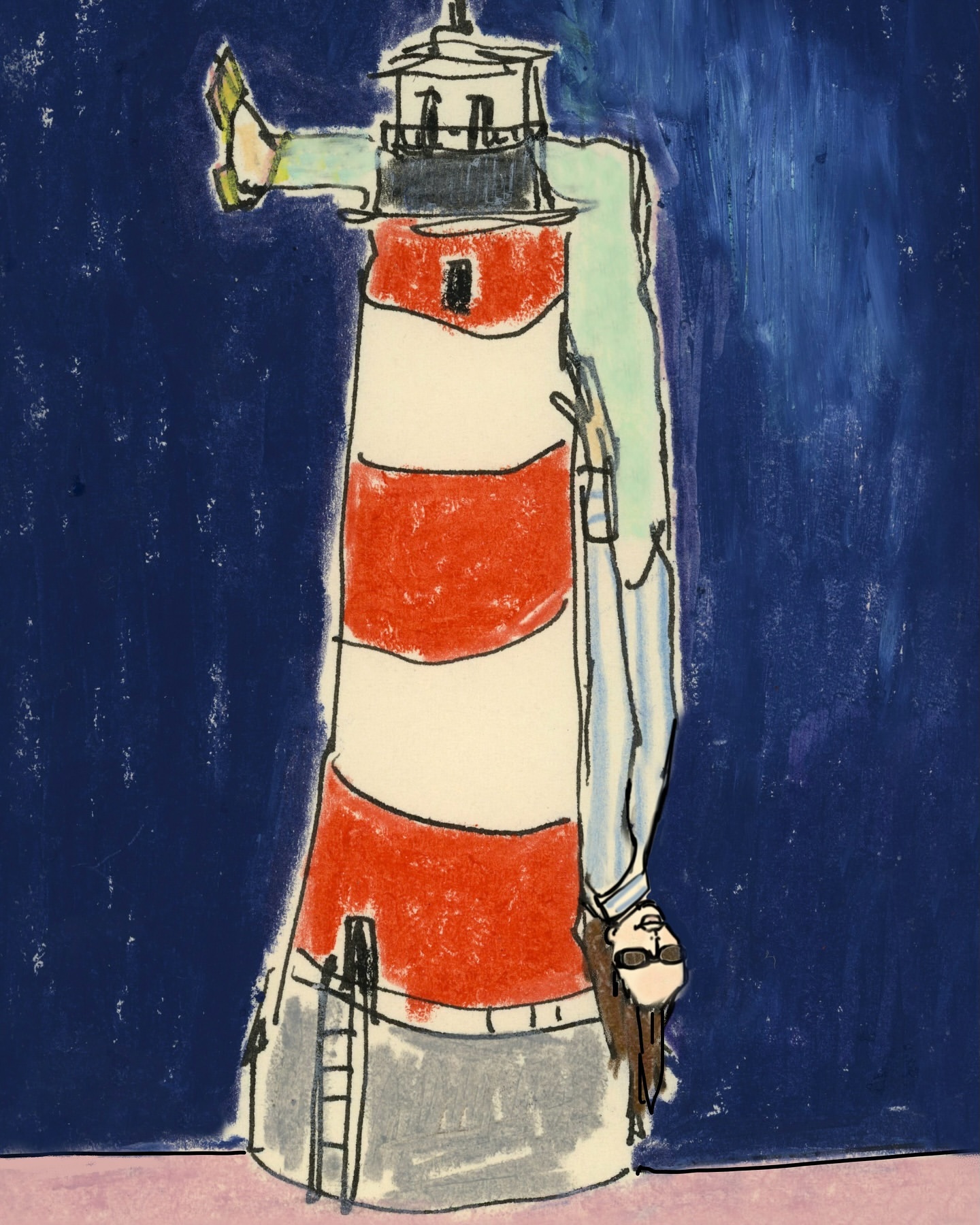 Whimsical art of a woman leaning against a red and white lighthouse under a dark blue sky, executed in a charming, illustrative style.