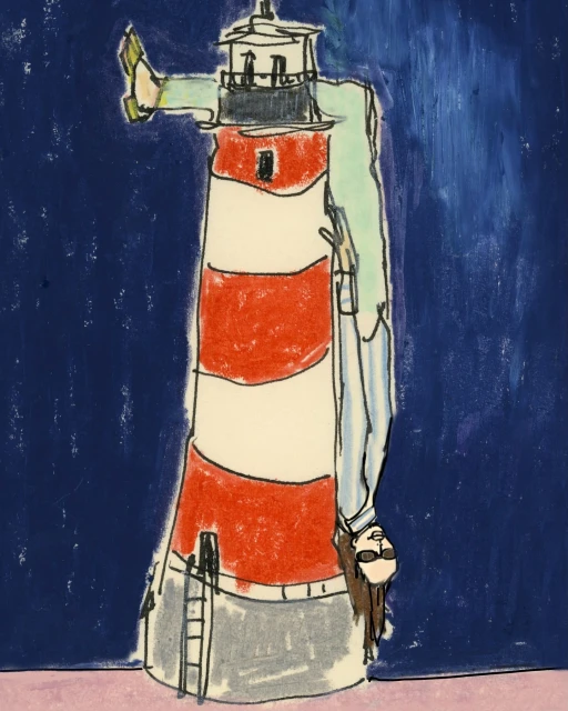Whimsical art of a woman leaning against a red and white lighthouse under a dark blue sky, executed in a charming, illustrative style.