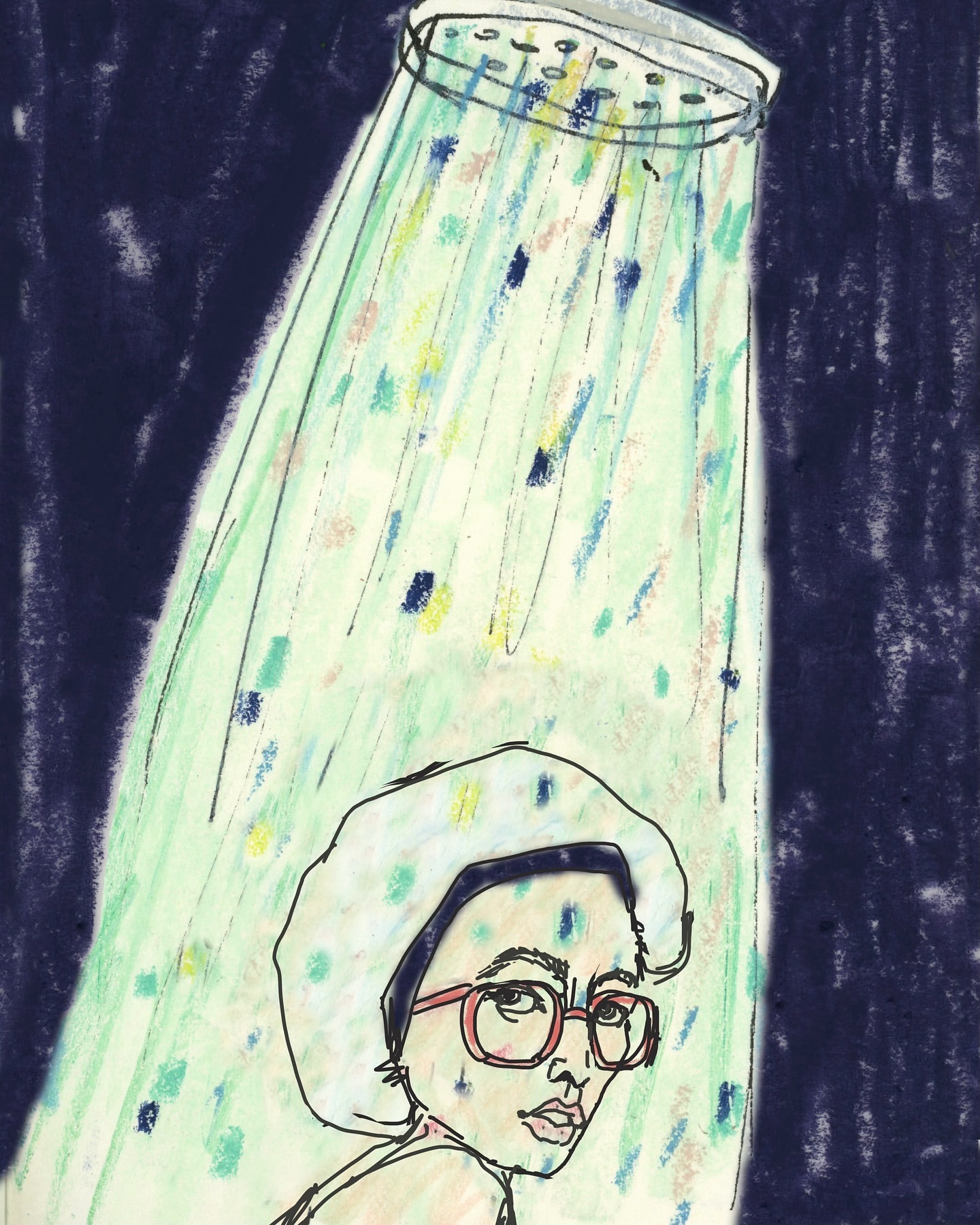 Illustration of a woman with red glasses and a shower cap under a shower head emitting patterned water, against a dark blue background.