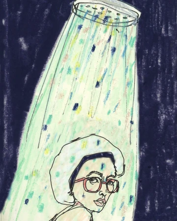 Illustration of a woman with red glasses and a shower cap under a shower head emitting patterned water, against a dark blue background.