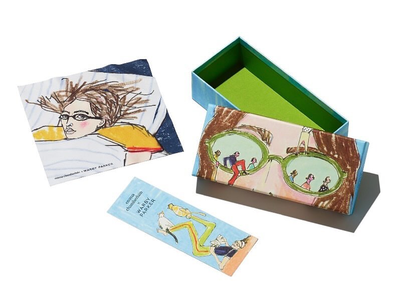 Illustration art on Warby Parker eyeglass cases and cards featuring graphic art of people and colorful abstract designs.