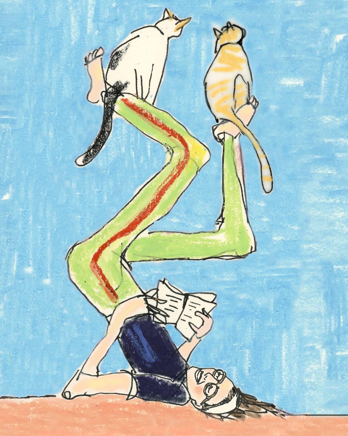 Illustration of a woman lying on her back, holding a book with her legs in the air balancing two cats on her feet.