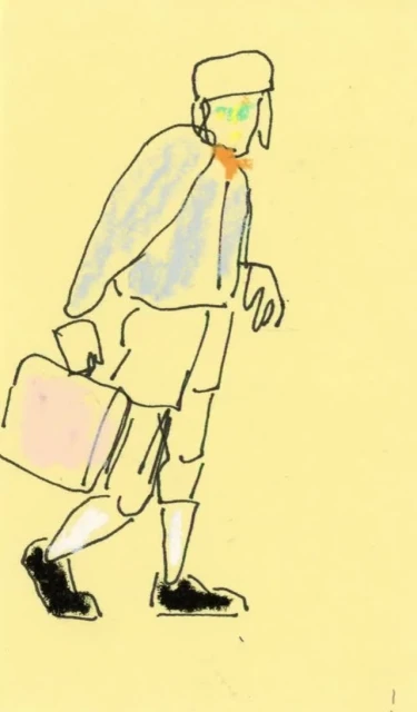 Illustration of a person wearing a hat and carrying a briefcase in a stylized, sketched style, walking against a yellow background.