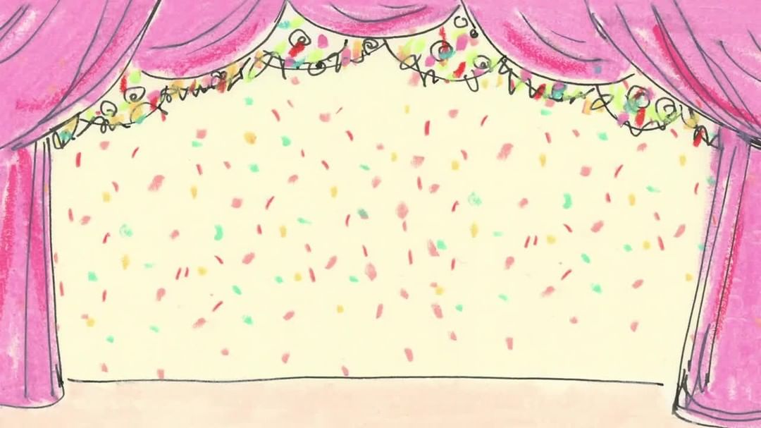 Illustration of an empty stage with pink curtains, colorful confetti, and decorative trim, perfect for a theatre or performance theme.