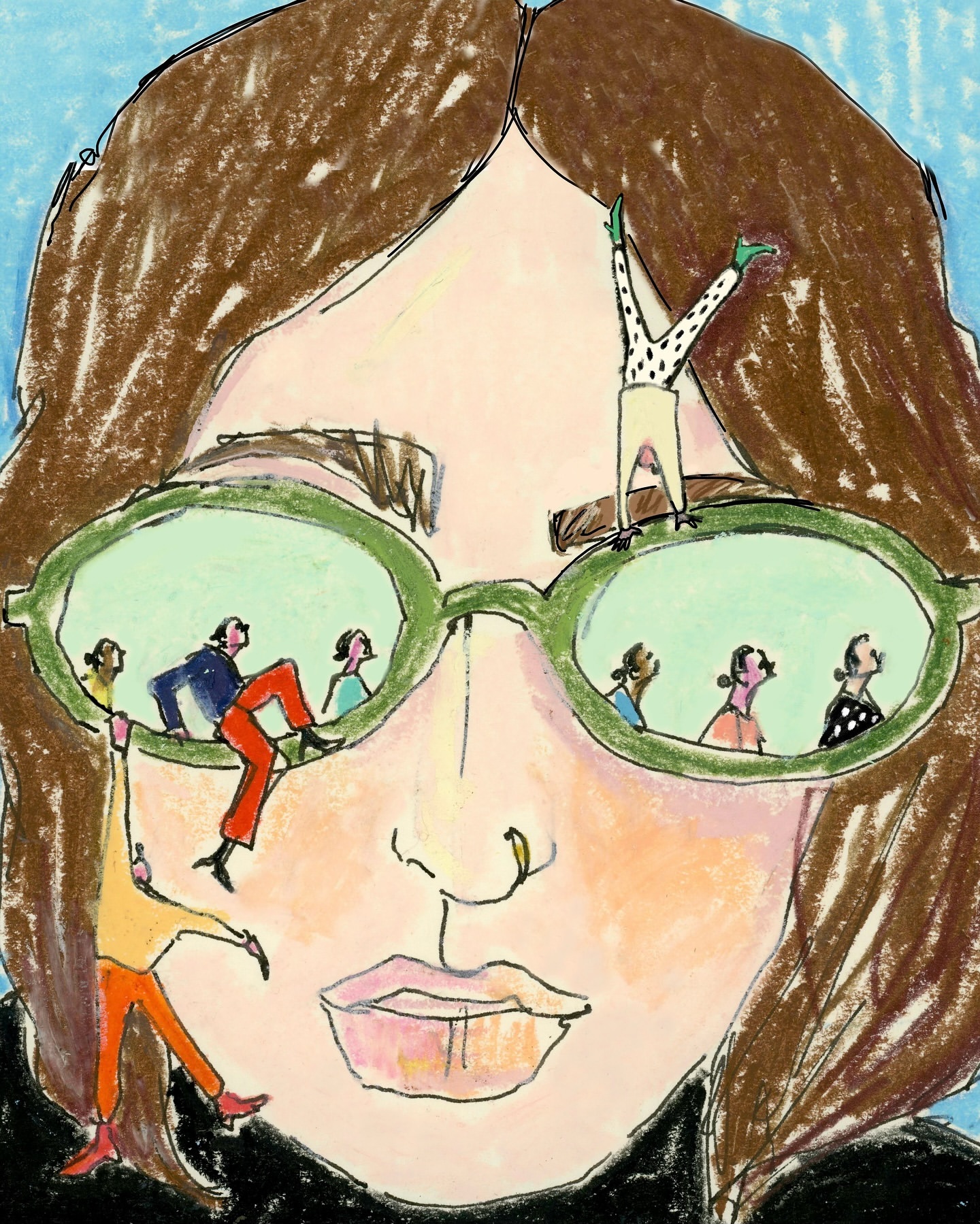 Illustration of a woman's face with eyeglasses reflecting tiny figures, some climbing on the frames, set against a light blue background.