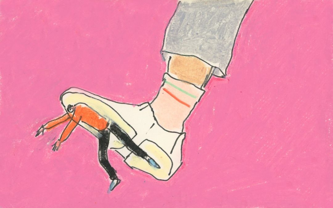 Illustration depicting a small person trapped inside a white shoe worn by a larger figure against a solid pink background.