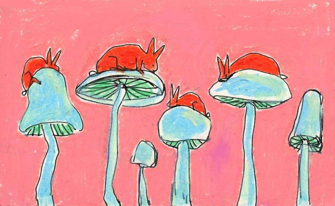 Artwork depicting red rabbits resting atop blue mushrooms against a pink background, created with a painterly, illustrative style.