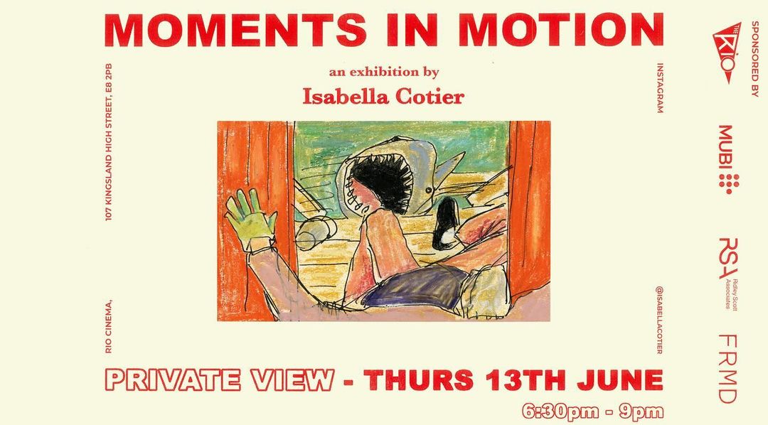 Exhibition advertisement featuring a drawing of a person in the jaws of a shark. Text promotes Isabella Cotier's 'Moments in Motion'.