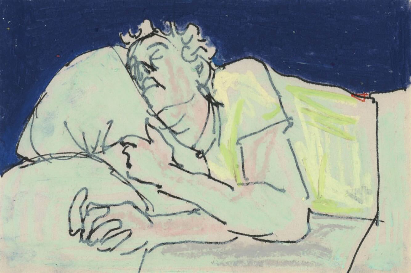 Illustration of an adult sleeping on a bed with a pillow against a dark blue background, artwork created with strokes and blended colors.