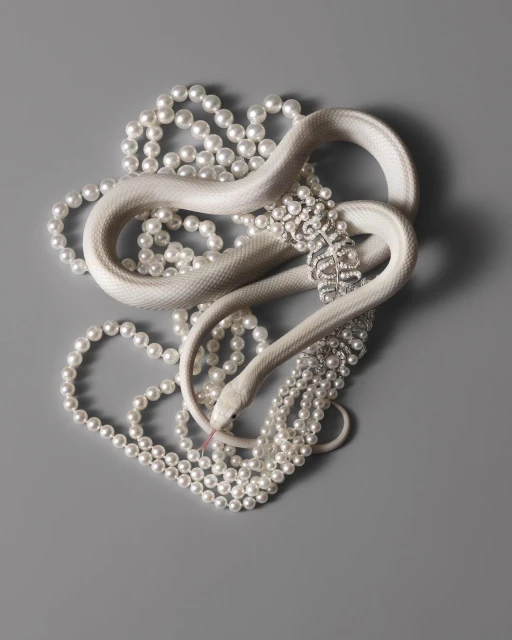 Albino corn snake coils among strands of pearl necklaces on grey background. The snake has a pink tongue and shiny, scaled skin.