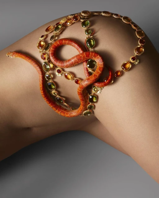 Orange snake intertwined with a gold and gemstone necklace against a neutral backdrop, highlighting jewelry and skin tones.