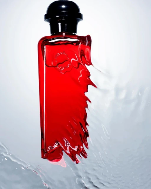Red perfume bottle with black cap, surrounded by water splashes on a light gradient background, for beauty or fashion advertising.