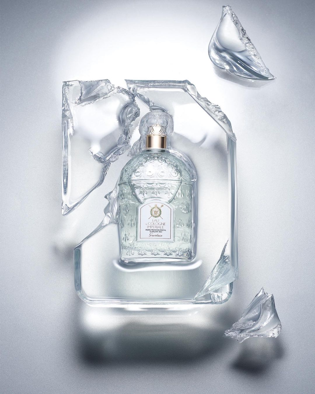 Close-up of a clear perfume bottle with gold accents, surrounded by broken clear shards. Beauty shot for product marketing.