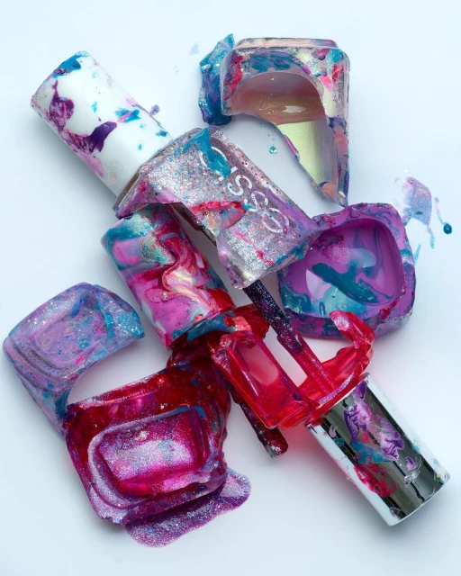 Still life of shattered Essie nail polish bottles and spilled polish in vibrant shades of pink, blue, and silver on a white surface.