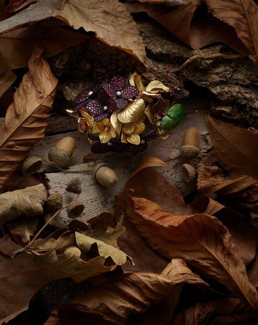 Close-up of an ornate gold and jewel-toned floral-themed brooch surrounded by dried leaves, acorns, and wood bark on a woodland backdrop.