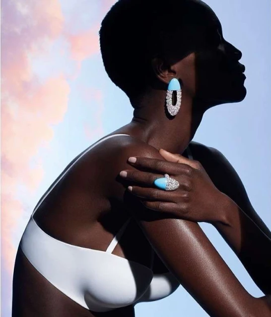 Elegant dark-skinned woman poses wearing a white bikini top and statement jewelry against a blue and pink pastel sky backdrop.