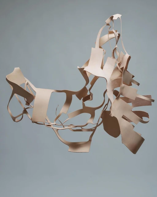 Abstract design featuring irregularly cut strips of pale beige leather suspended against a light grey background, creating a dynamic form.