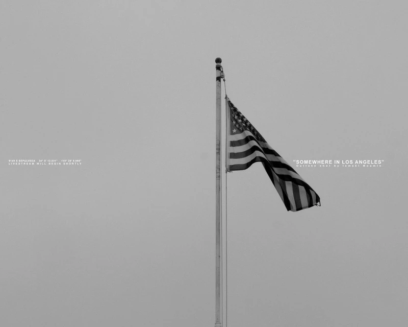 Black and white photograph of the American flag blowing in the wind on a tall pole against a gray sky, captured in Los Angeles.