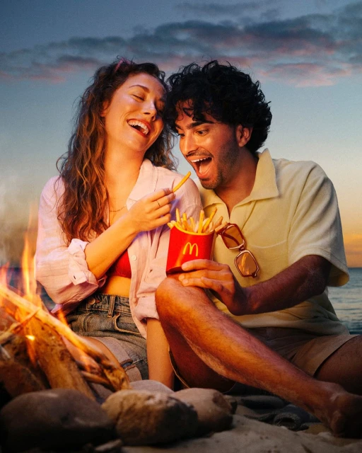 A happy couple sitting on a sandy beach at sunset, enjoying a box of McDonald's French fries by a small campfire under a colorful sky.
