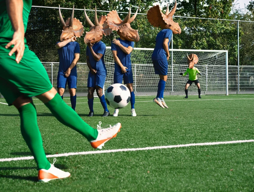 Soccer team with triceratops masks prepares for a free kick on a green soccer field on a sunny day. One player kicks the ball.
