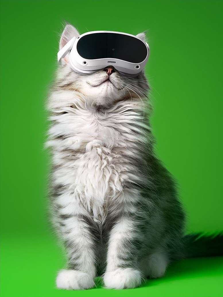A gray tabby kitten sits upright against a vibrant green backdrop, wearing a white virtual reality headset, creating a whimsical tech-forward image.