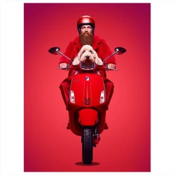 Bearded man in red faux fur coat and helmet riding a red scooter with a small dog