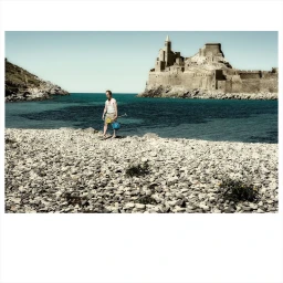 Man walking on a rocky beach holding a bucket and toy shovel with a large stone fortress on the coast in the background.
